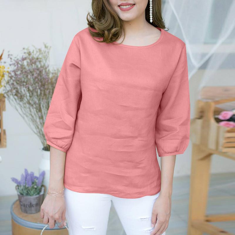 ZANZEA Женская повседневная блузка свободного кроя с круглым вырезом и рукавом 3/4