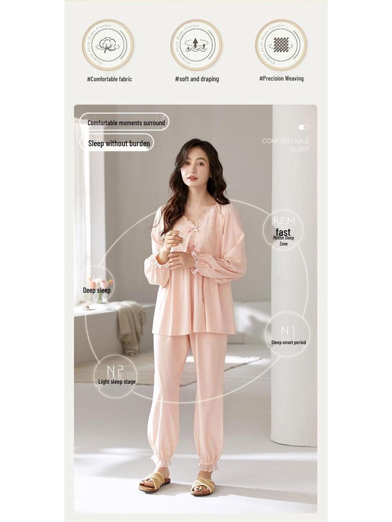 Женский пижамный комплект из лайкры и хлопка: Осенний топ с длинным рукавом и V-образным вырезом и брюки, однотонные, повседневная домашняя одежда