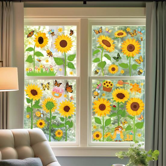 8 Sheets Sunflower Bee Butterfly Window Stickers Static PVC Window Cling Reusable Removable Spring Floral Decals for Glass Door Window Decor