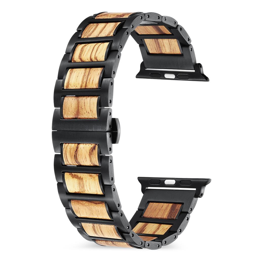 Natural Wood and Stainless Steel Band Strap for Apple Watch IWatch All Series Ultra 3 38/40/41/42/44/45/46/49mm