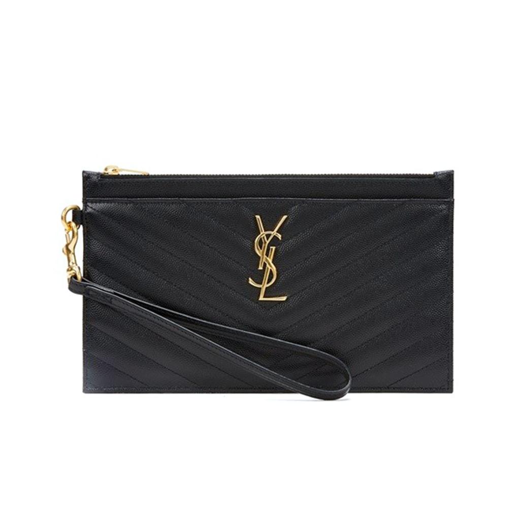 Saint Laurent Ysl Cassandre Grainy Gold Logo Leather Clutch Women clutch Black 636313-BOW01-1000