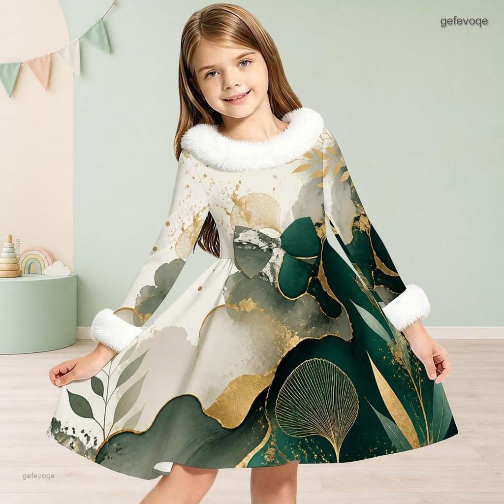 Girls Furry Collar Long Sleeve Bow Decor Printed Dress Dark Green Beige Gold A Line Flared Hem