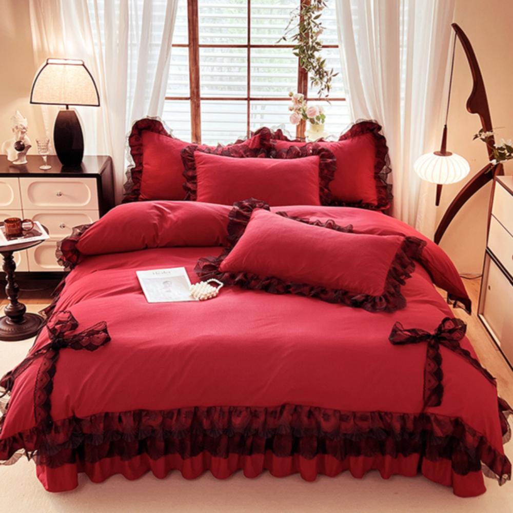 Покрывало из хлопка в стиле принцессы, однотонное, кружевное, стираное, из четырех частей, сирсакер, кружево, двойной пододеяльник