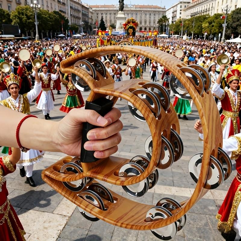 Professional half-moon tambourine with jingles, a hand-held percussion instrument featuring thick jingle strips and an ergonomic handle, suitable for