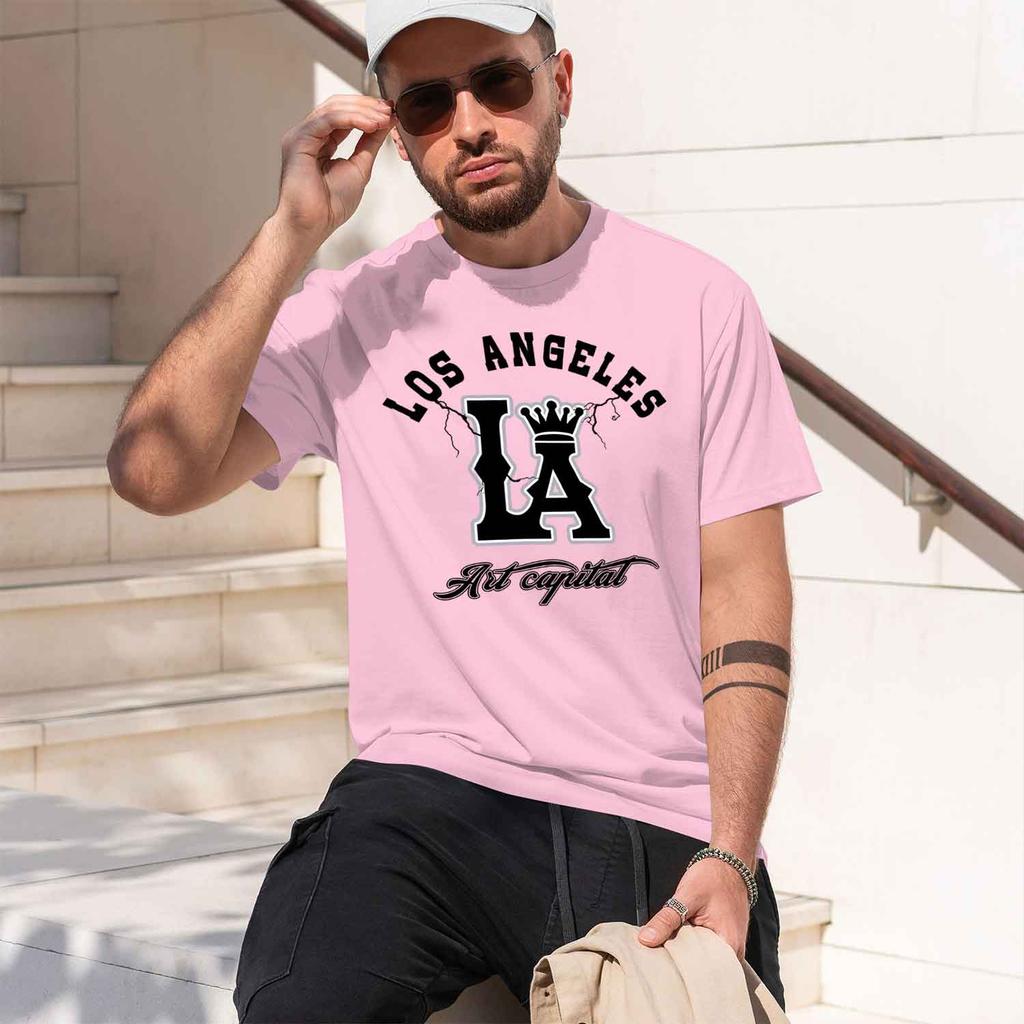 2026 New Model Unisexs Summer 100 Cotton Fashionable Casual Loose Large Size Los Angeles Letter Printed Round Neck Short Sleeve T