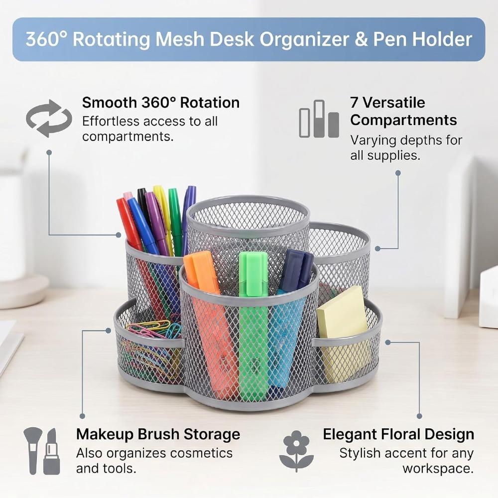 Silver Metal Makeup Brush Holder Multi Grid Desk Storage Bucket Craft Supplies Storage