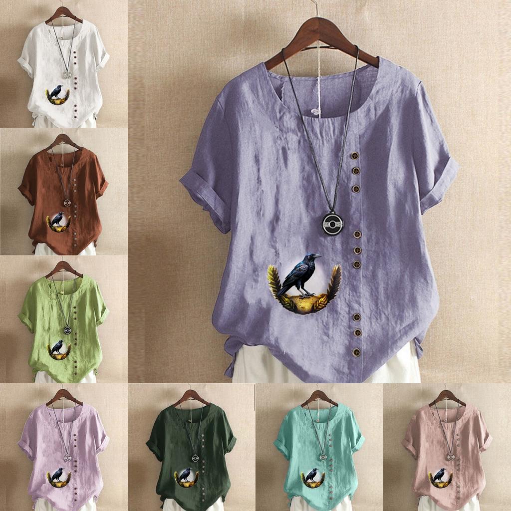 Women's Fashion Round Neck Short Sleeve T-shirt Casual Cotton Linen Graphic Shirt Leisure Loose Crow Prined Summer Blouse Tops