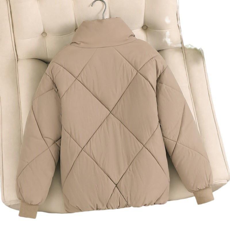 Womens Short Puffer Jacket Winter Warm Cotton-Padded Coat Loose Fit Stand Collar Black Beige Khaki S M L XL