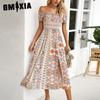 GMXIA Женская мода лето весна цветочный принт с коротким рукавом на одно плечо с высокой талией повседневные платья