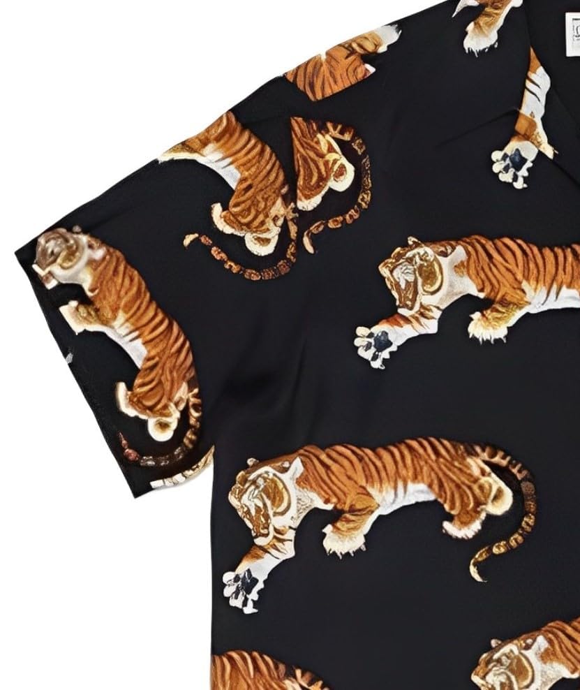 Aspersio Рубашка с коротким рукавом с тигровым принтом в японско-американском стиле с открытым коротким воротником, мягкая черная, взрослая, с узором, с воротником, крутая, стильная, с принтом, весенне-летняя