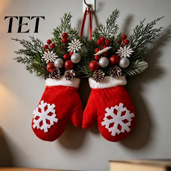 Holiday Party Supplies Christmas Mitten Door Hanger, Red White Glove Ornament with Pine Cone Berries, Gift Ideas Fabric Wall Decor for Front