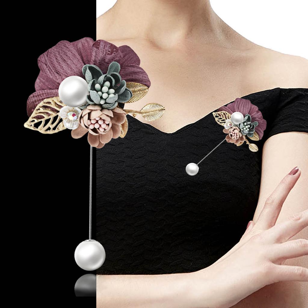 Rinhoo Ladies Cloth Art Fabric Imitation Pearl Flower Brooch Women Long Needle Cardigan Shirt Shawl Suit Badge Lapel Pin Jewelry