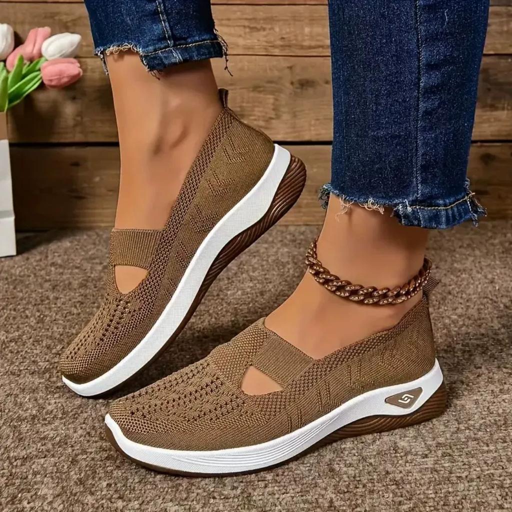 Women's Cut-out Sneakers Casual Breathable Slip On Walking Shoes Lightweight Outdoor Flat Shoes