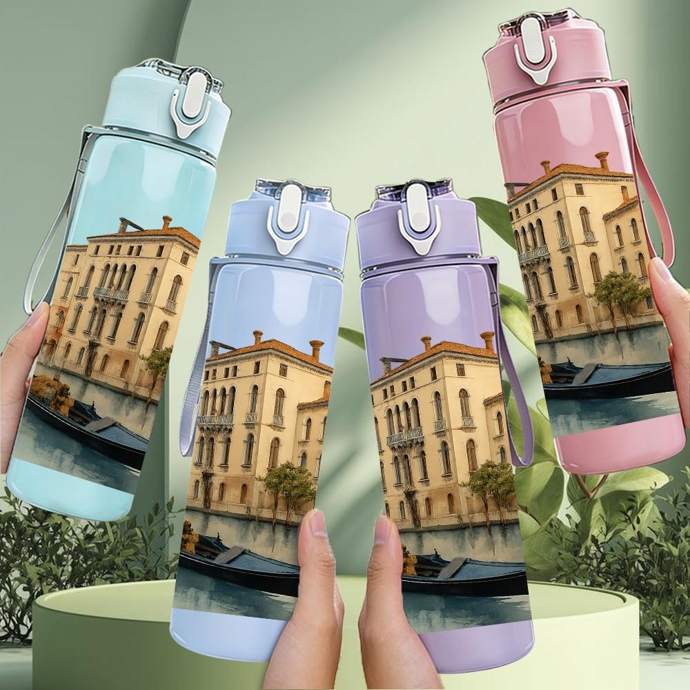 1PC Venice Canal Vintage Watercolor 750ml Color Plastic Sports Water Bottle Leakproof Flip Straw Lid For Sports Office Home Use