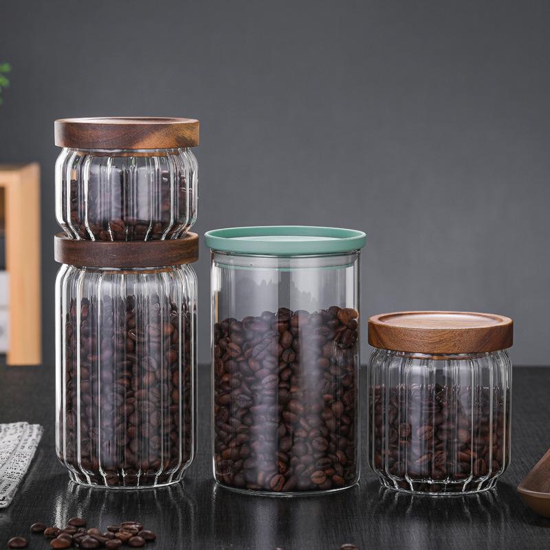 Vertical Acacia wood cover tea can coffee bean storage sealed tank kitchen home storage tank