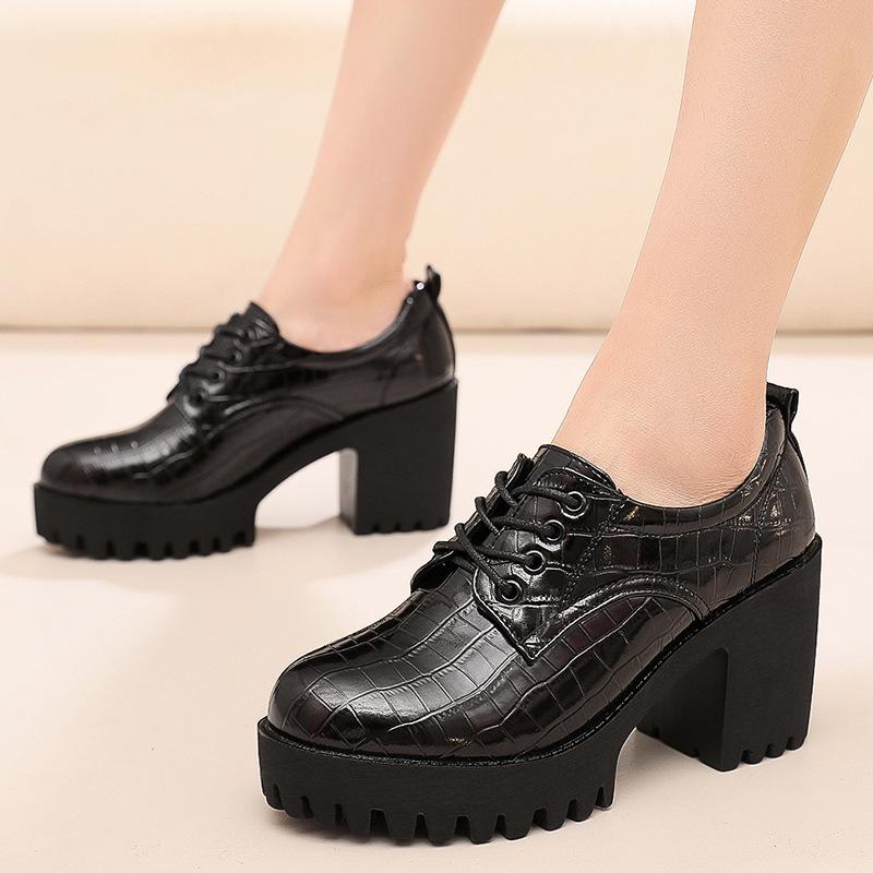 8cm Small Size 32-43 Deep Mouth Women's Block Square Heels Shoes Platform 2025 Fall Winter Bright Leather Oxfords Office Mom