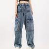 2022 New Fashion High Waist Elastic Hip Hop Jean Pants Vintage Streetwear Wide Leg Denim Trousers Pants Women Multiple Pockets