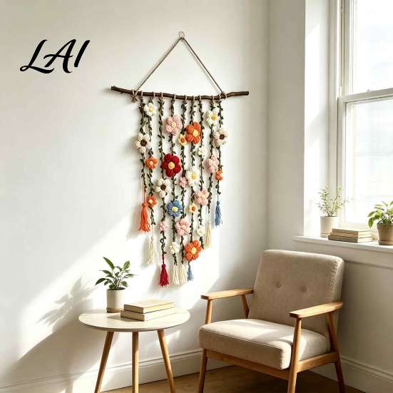 Bohemian Living Room Decor Crochet Flower Garden Wall Hanging Colorful Knitted Tapestry Handmade Boho Handwoven Farmhouse Art for Bedroom