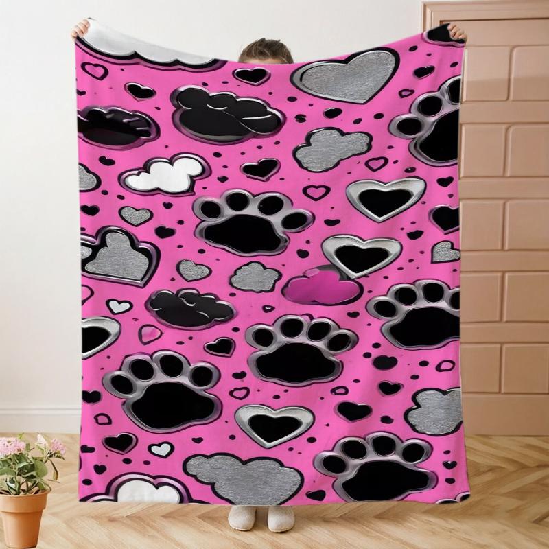 Pink Black Heart Pet Paw Print Throw Blanket Guest Suite Porch Warm Blanket Sunroom Nook Living Room Lounge Bedroom Den Gifts