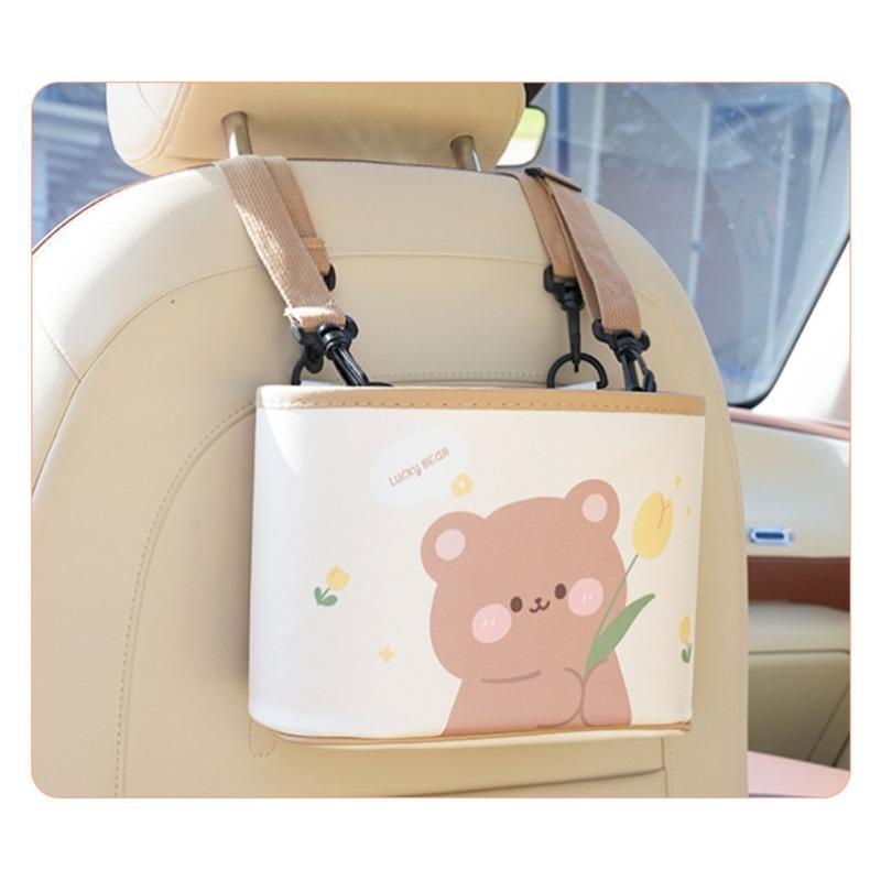 Cartoon Bear Car Trash Bin Leather Print Hanging Car Storage Organizer