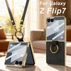 Роскошный Чехол-Ремешок из Кожи с Покрытием для Samsung Galaxy Z Flip 7 6, Защитное Стекло Заднего Экрана, Кольцо-Держатель, Жесткий Чехол для Galaxy Z Flip7