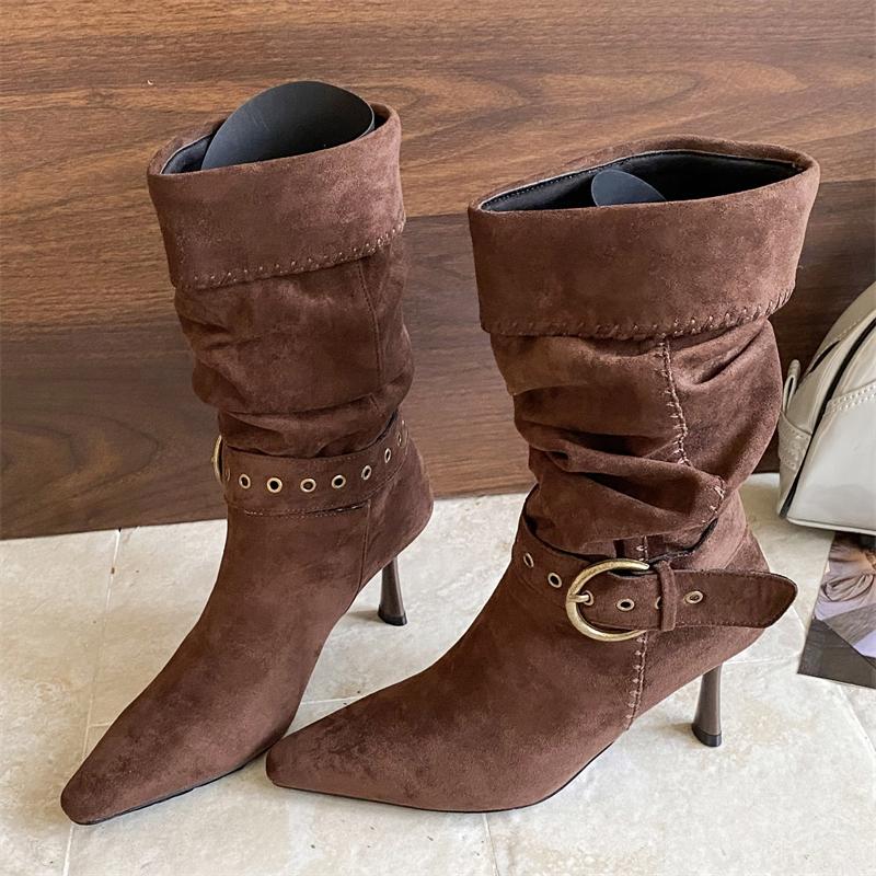 Designer Pleated Turned Over Edge Ankle Boots Women Short Booties Sexy Thin Heels Buckle Strap Banquet Prom Shoes