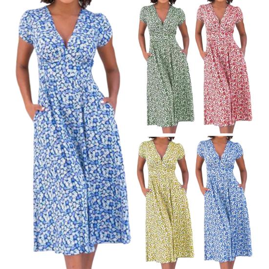 Платье миди в стиле бохо с V-образным вырезом, короткими рукавами, высокой талией, женским платьем с карманами, струящимся подолом, платье А-силуэта