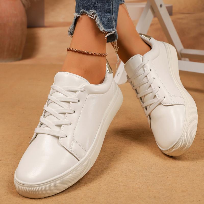Fashion Casual Solid White Lace Up Flat Skate Shoes Women 2025 Autumn Fashion Silver Splicing Round Toe Sneakers Comfort Non Slip Shoes