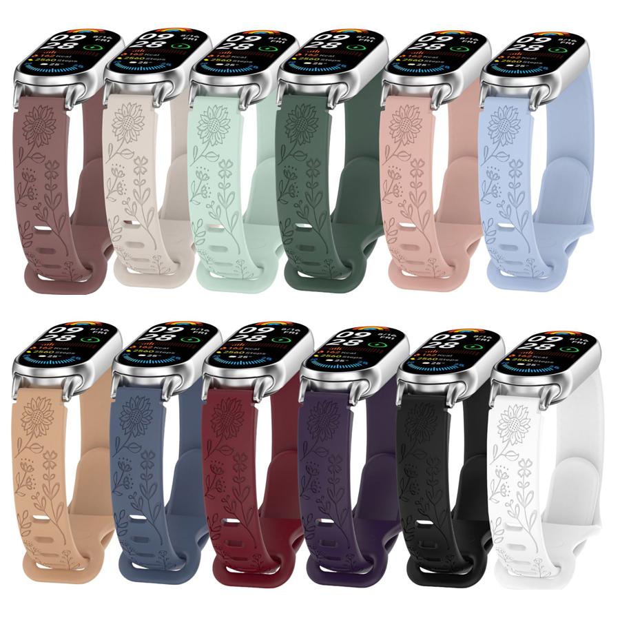 Силиконовый браслет с 3D гравировкой в виде цветка для умных часов Xiaomi Band 8 9 10, дышащий ремешок для Xiaomi Band 8 9 10