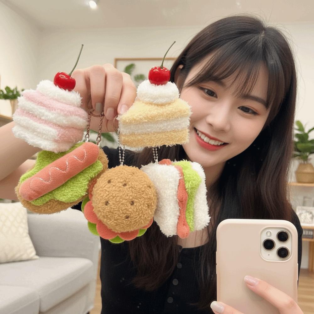 2pcs Kawaii Design Hamburger Keyring Plush Material Sandwich Keyring Cake Keyring Pendant Decor