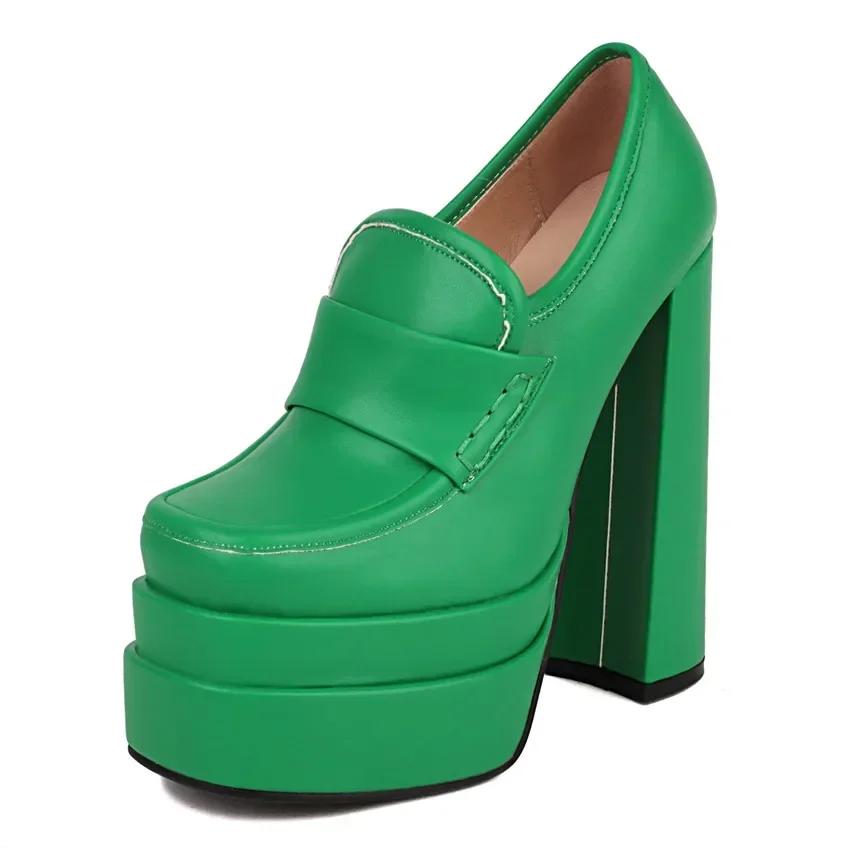 Women High Chunky Heel Platform Loafers Rosy Pink White Microfiber Party Club Lady Slip-on Square Toe British Thick Bottom Pumps