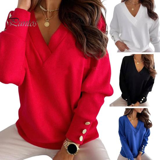 Women Tops V-Neck Long Sleeve Metal Button Cuffs Knitting Tops Solid Color Commuting Style Loose Fit Knitwear