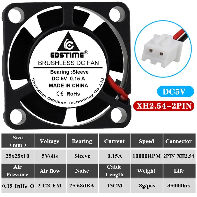 2pcs Gdstime 3D Printer cooler Axial 25mm fan DC 5V 12V 24V 25x25x10mm Dual Ball/Sleeve 2.5mm Graphics Card mini cooling fan