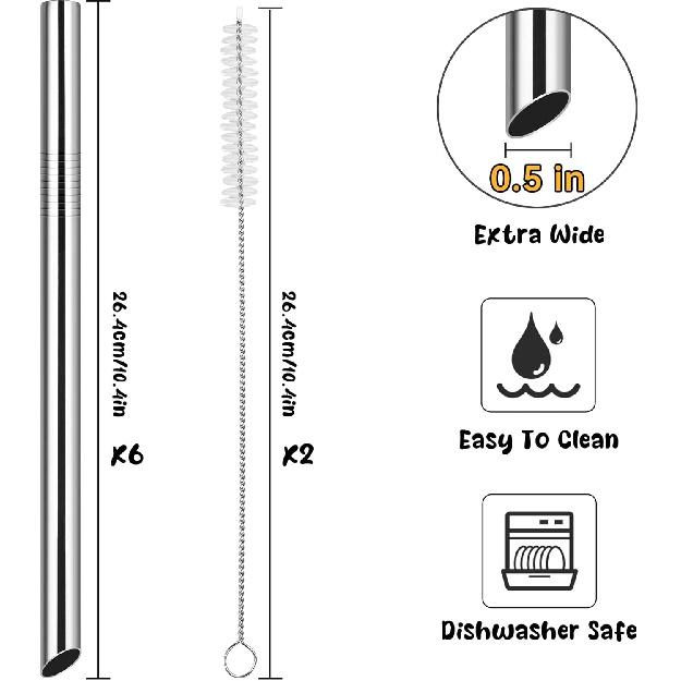 NiHome 6 штук из нержавеющей стали соломинок для боба смузи, 0,5'' Extra Wide Reble Металлические соломинки, 10,5'' Длинные прямые соломинки для питья для бабл-чая