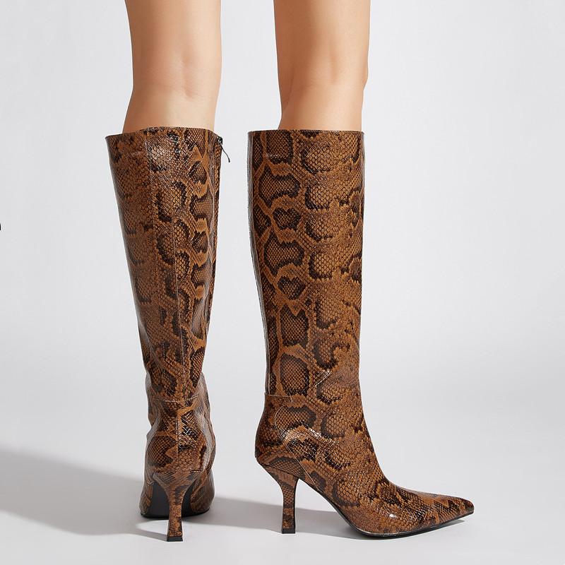 Fashion 2025 Autumn Winter Snake Pattern Patent Leather Women Knee-high Boots Elegant Pointed Toe High Heels Fashion Party Boots Shoes