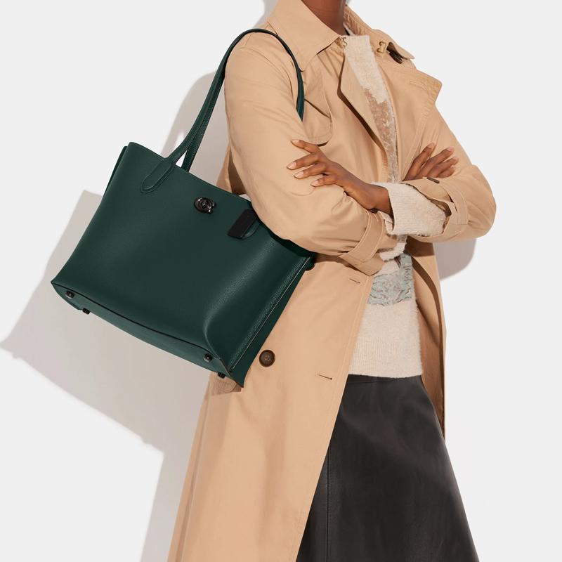 Coach Willow 34 Solid Color Turnlock Magnetic Closure Polished Pebble Leather Tote Bag Women Tote Forest-Green C0689-V5FOR