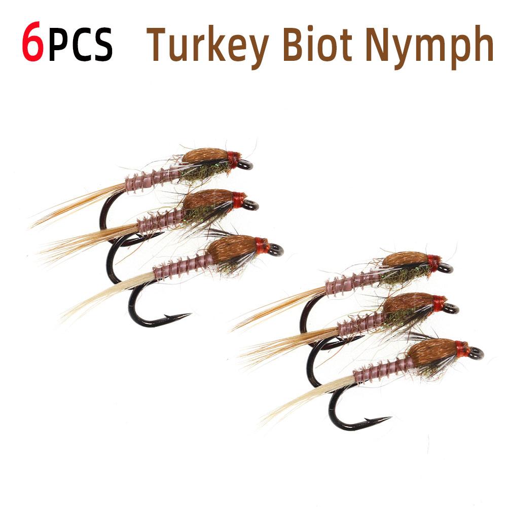 6 шт. мушки для ловли рыбы нахлыстом из индейки-биота или нимфы с заячьим ушком, высококачественные материалы, связанные вручную, лучше всего подходят для ловли форели, окуня и мелкой рыбы