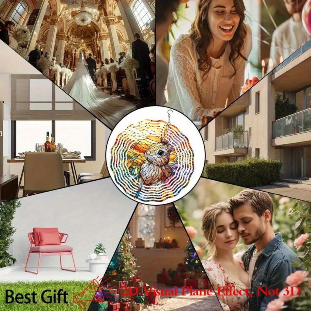 Stained Glass Rabbit Floral Wind Chime 10 Inch Double Sided Rotating Garden Decor for Outdoor Indoor Patio Porch Yard Wall Art