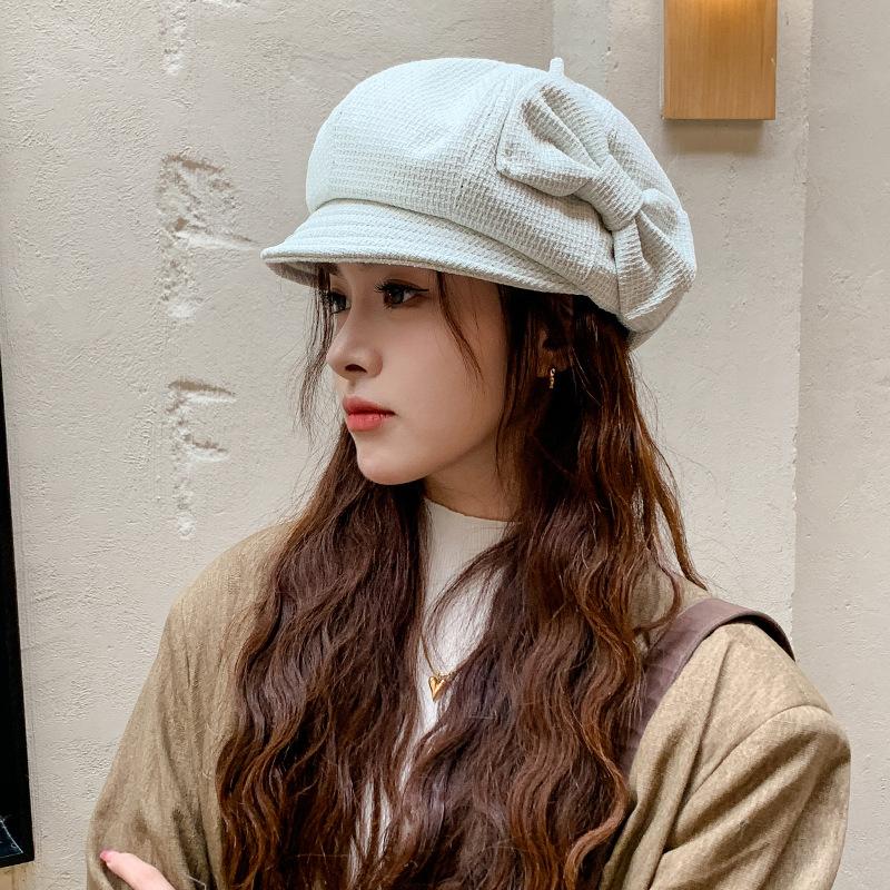 Hat Female Foreign Style Fashion Design Sense Bow Niche Cap Suitable for Round Face Small Octagonal Hat
