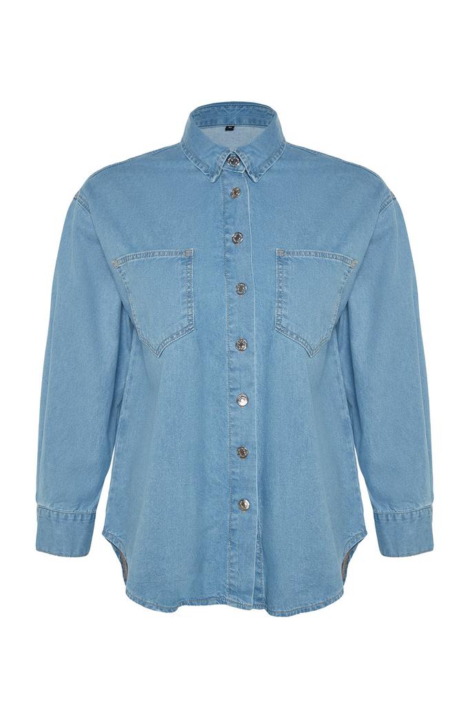 Женский стиль, большие размеры, голубая джинсовая рубашка оверсайз