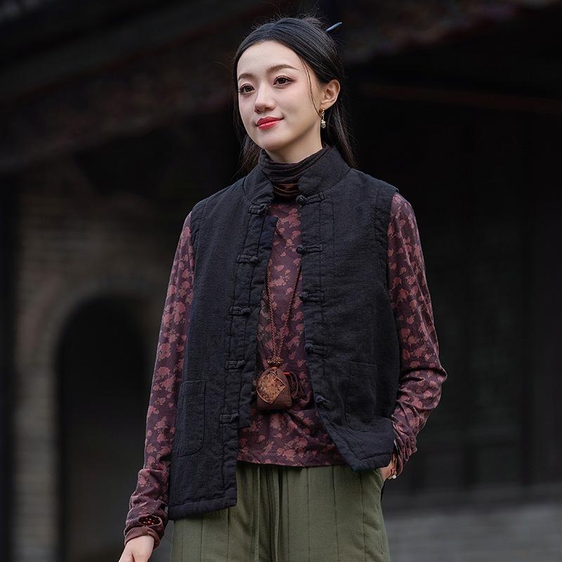 25 Winter New Chinese Women's Ramie Retro Disc Buckle Cotton Vest Chinese Tang Quilted Cotton Vest