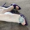 Purple rhinestone thin heel cool slippers women wear fringed open toe word with casual high heels