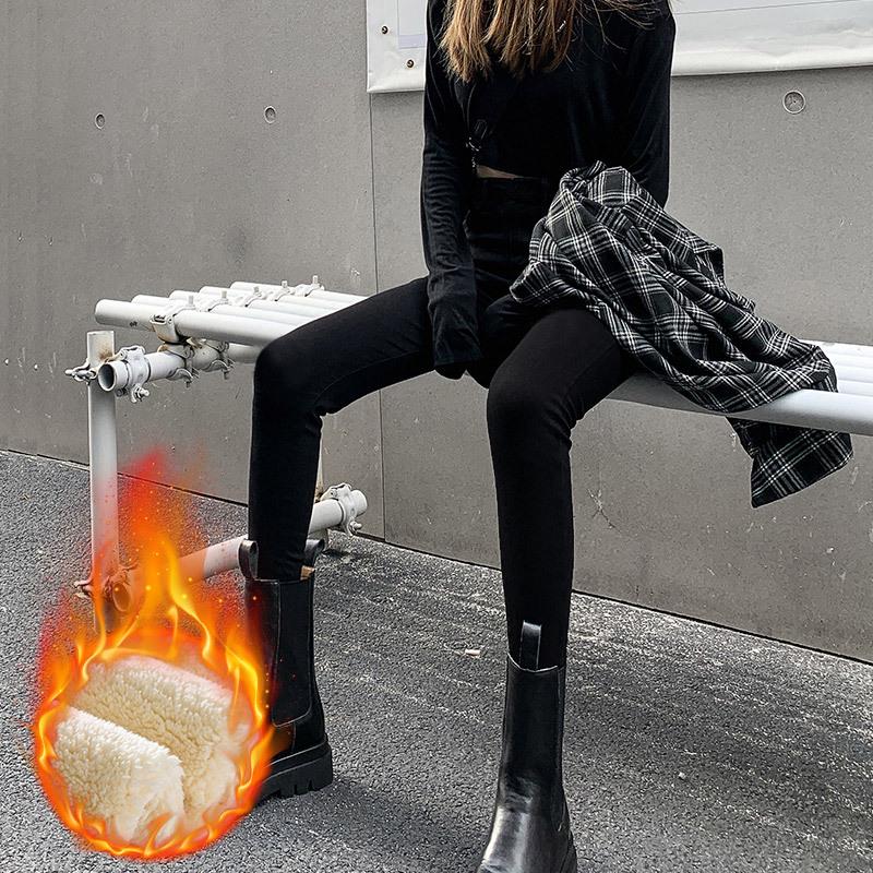 Джинсовые леггинсы большого размера с флисовой подкладкой и высокой талией для женщин - Весна/Осень Стройнящие Эластичные Скинни Брюки