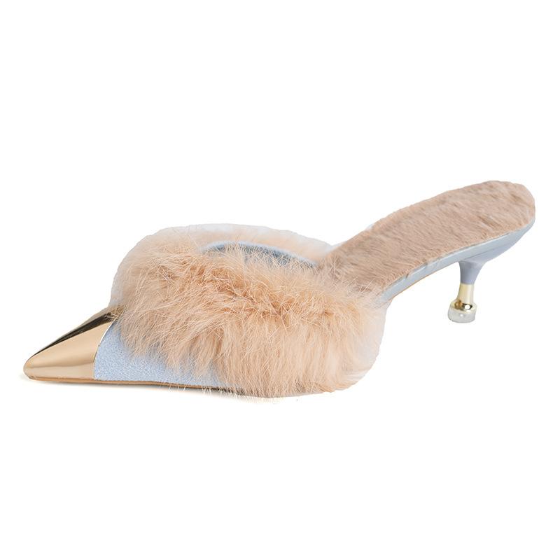 Осень и зима новая корейская версия остроносый низкий каблук сумка голова плюшевые женские классные тапочки знаменитости интернет мода домашняя одежда тапочки женские