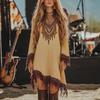 Womens Summer Dress Fashion Casual Fit Flowy Lace Loose Print Long Sleeve V Neck Dress