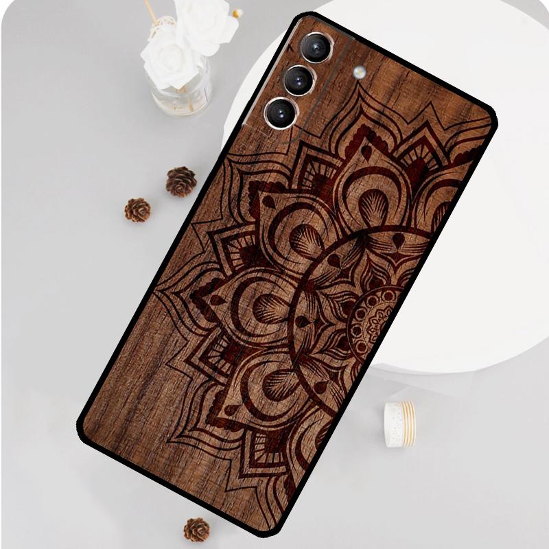 Mandala Floral Wood Phone Case For Samsung Galaxy S25 S26 Ultra S20 S21 S22 S23 S24 S10 Plus S25 FE Funda Cover