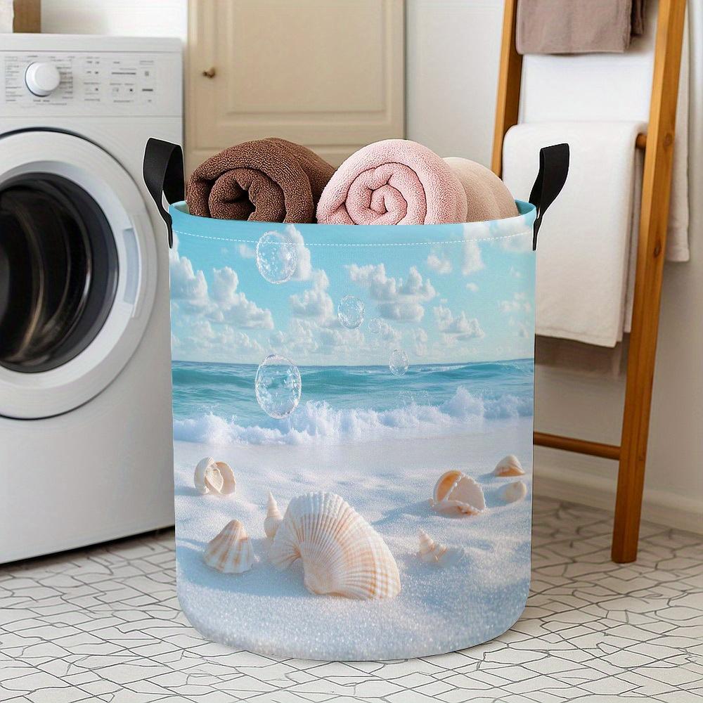 1pc White Beach with Seashells Foldable Dirty Clothes Basket Large Capacity Laundry Storage Box MultiFunction Round Laundry Basket for Bathroom Home D