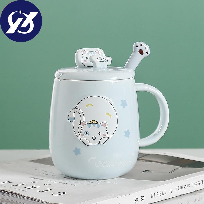 Креативная керамическая кружка для офиса с мультяшным котом и ложкой с крышкой