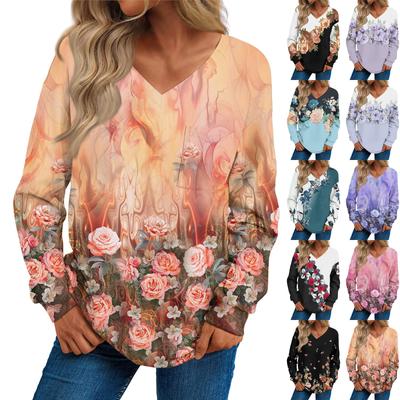 Женская мода повседневный свитер с длинным рукавом и принтом V-образным вырезом