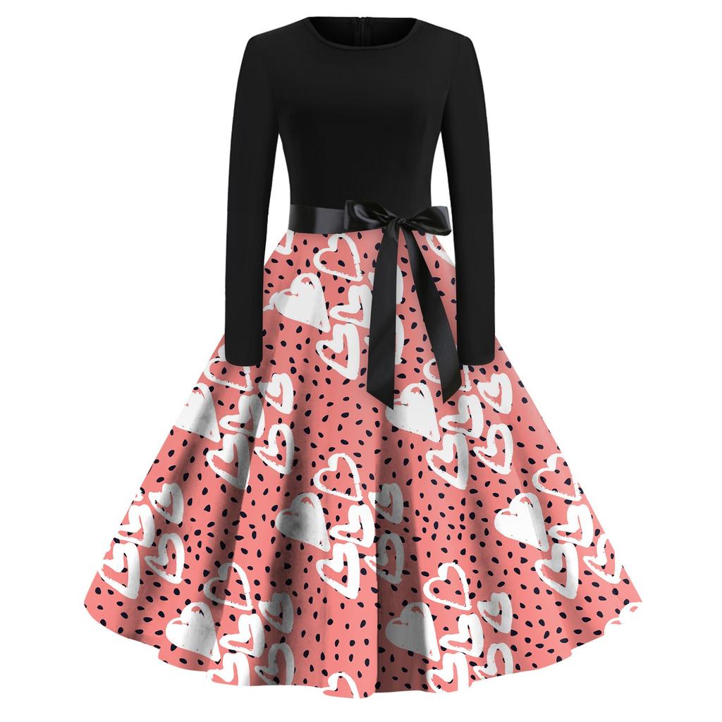 Women's Casual Valentine's Day Print Round Neck Pullover High Waist Long Sleeve Dress